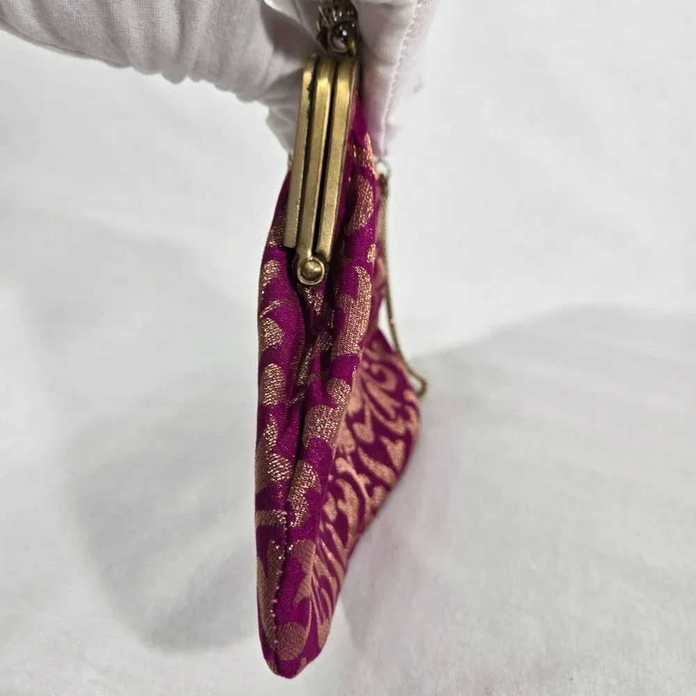 VINTAGE - ANTIQUE Bridgerton Hipster FUCHSIA Embellished Gold Details Clutch Bag - Picture 11 of 17